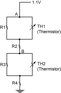 Circuit diagram with 1.1V source at point A, resistors R1 through R4, and thermistors TH1 and TH2, with measurement point B between the two loops