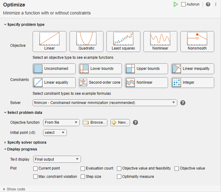 Optimize Live Editor task in solver-based mode showing problem type, problem data, solver options, and display progress sections