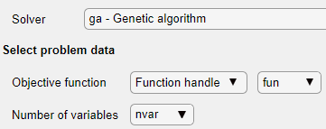Optimize task configured with ga solver, function handle fun, and number of variables nvar