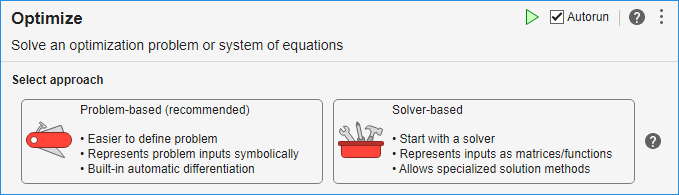 Optimize task dialog showing problem-based (recommended) and solver-based approaches