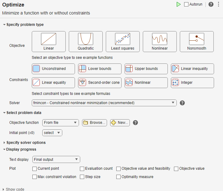 Optimize Live Editor task in solver-based mode showing problem type, problem data, solver options, and display progress sections