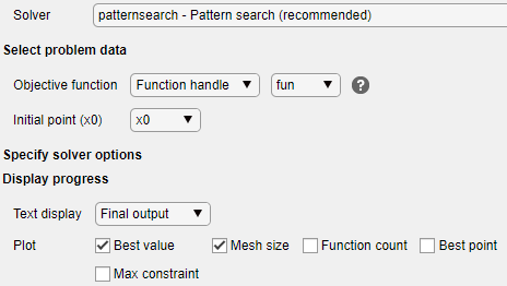 Optimize task configured with patternsearch solver, function handle fun, initial point x0, and Best value and Mesh size plots selected