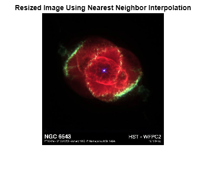 Figure contains an axes object. The axes object with title Resized Image Using Nearest Neighbor Interpolation contains an object of type image.