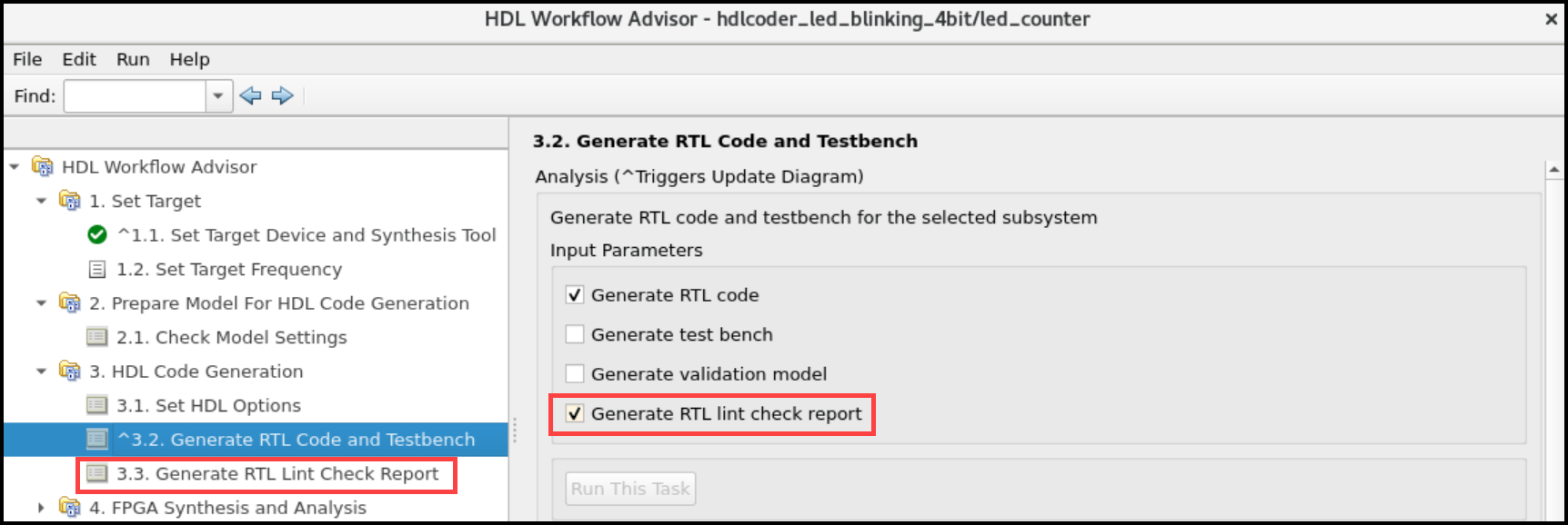 Selecting Generate RTL link check report option in HDL Workflow Advisor Task 3.2