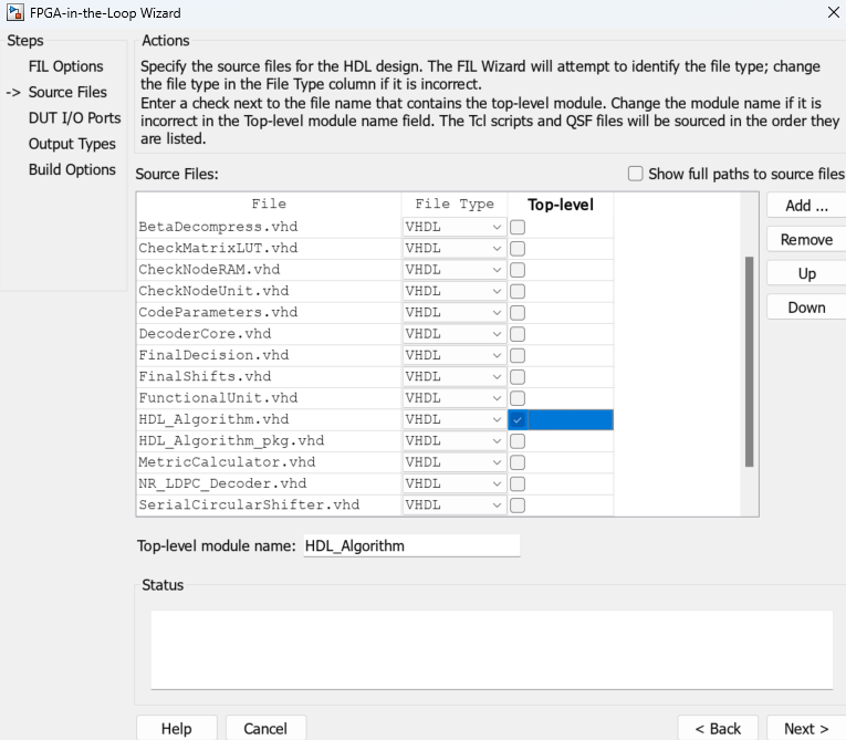 FPGA-in-the-Loop Wizard open on the Source Files pane, with HDL_Algorithm.vhd selected as the top-level file.