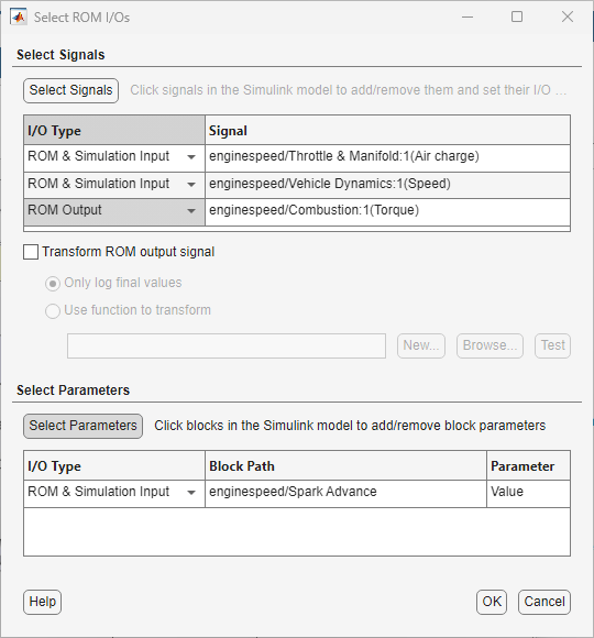 Select ROM I/Os dialog box showing the selected signals and parameters.