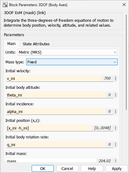 The block parameters dialog box showing the parameters for the 3DOF (Body Axes) block.