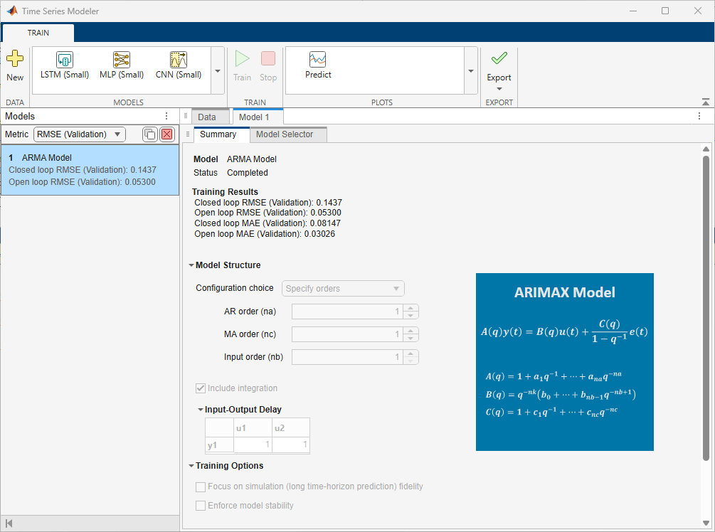Summary tab in the app showing the training results