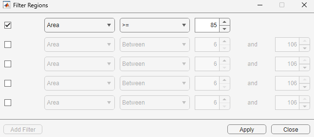 Filter Regions dialog box with a single specified filter criteria, of area greater than or equal to 85 pixels.