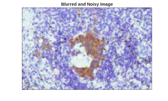 Figure contains an axes object. The hidden axes object with title Blurred and Noisy Image contains an object of type image.
