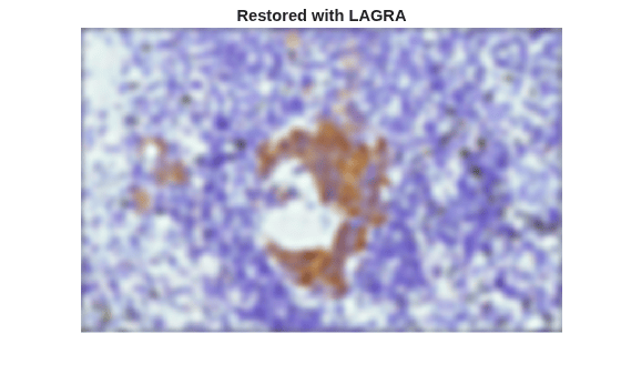 Figure contains an axes object. The hidden axes object with title Restored with LAGRA contains an object of type image.