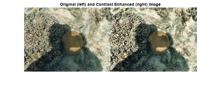 Figure contains an axes object. The axes object with title Original (left) and Contrast Enhanced (right) Image contains an object of type image.