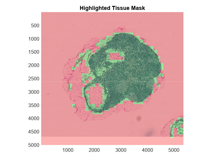 Figure contains an axes object. The axes object with title Highlighted Tissue Mask contains an object of type bigimageshow.