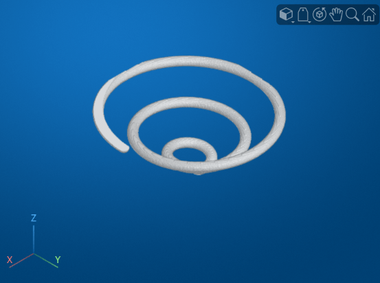 volshow display of a grayscale spiral volume with the default camera view