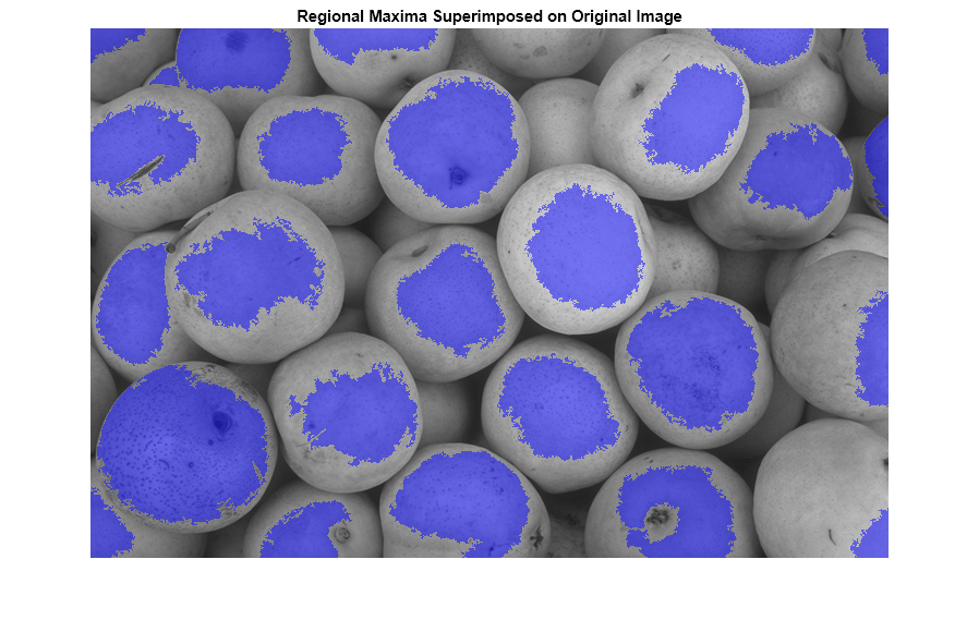 Figure contains an axes object. The axes object with title Regional Maxima Superimposed on Original Image contains an object of type image.