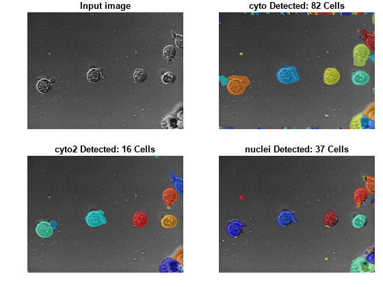 Figure contains 4 axes objects. Axes object 1 with title Input image contains an object of type image. Axes object 2 with title cyto Detected: 82 Cells contains an object of type image. Axes object 3 with title cyto2 Detected: 16 Cells contains an object of type image. Axes object 4 with title nuclei Detected: 37 Cells contains an object of type image.