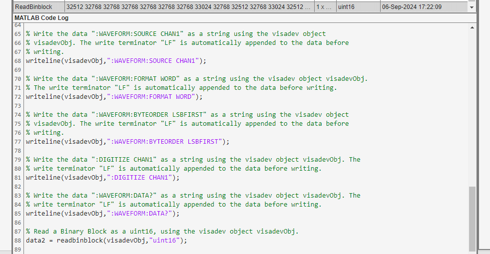 MATLAB Code Log containing the generated MATLAB code.