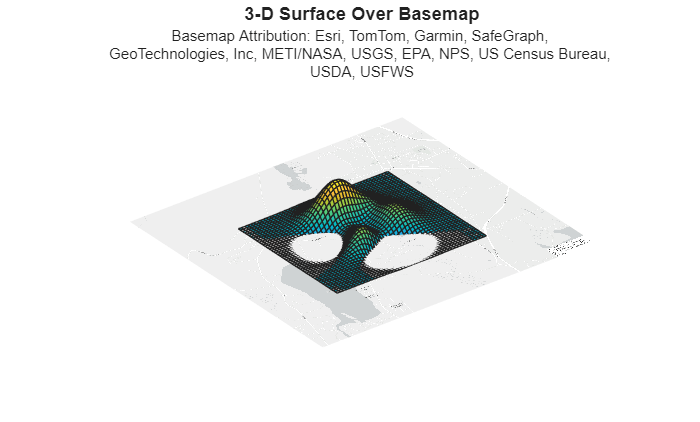 Figure contains an axes object. The hidden axes object with title 3-D Surface Over Basemap contains 2 objects of type image, surface.