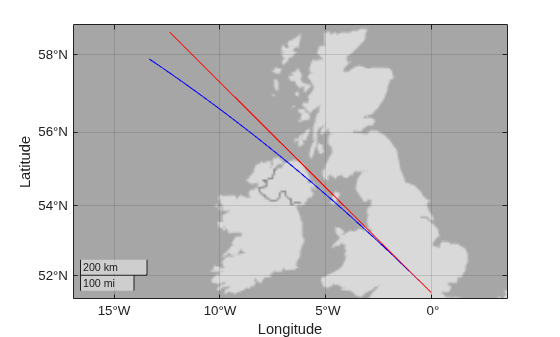 Figure contains an axes object with type geoaxes. The geoaxes object contains 2 objects of type line.