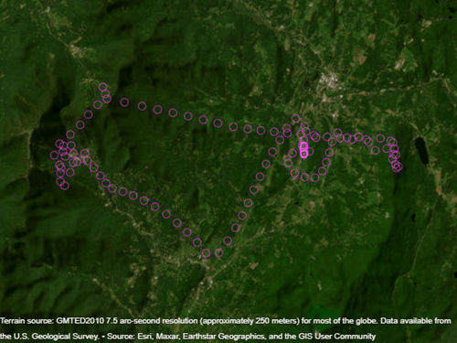 Magenta circle markers plotted over satellite imagery and terrain