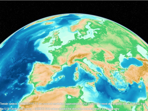 Color-shaded elevation and under-ice topography displayed on a geographic globe. The basemap colors start at dark blue and transitions to light blue, green, light brown, and dark brown.