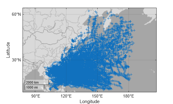 Figure contains an axes object with type geoaxes. The geoaxes object contains an object of type scatter.