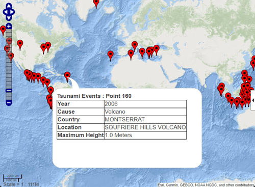 World map with red markers that represent tsunami events. A balloon displays information about one of the markers.