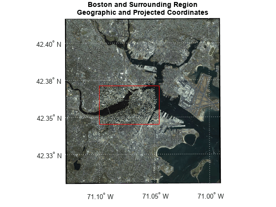 Figure contains an axes object. The axes object with title Boston and Surrounding Region Geographic and Projected Coordinates contains 12 objects of type surface, image, line, text.