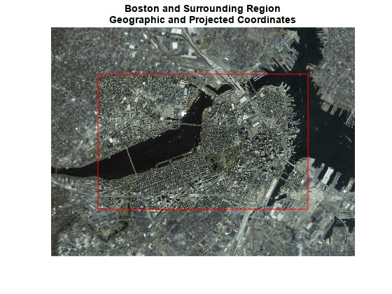 Figure contains an axes object. The axes object with title Boston and Surrounding Region Geographic and Projected Coordinates contains 11 objects of type patch, surface, image, line, text.