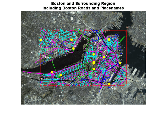 Figure contains an axes object. The axes object with title Boston and Surrounding Region Including Boston Roads and Placenames contains 2819 objects of type line, patch, surface, image, text.
