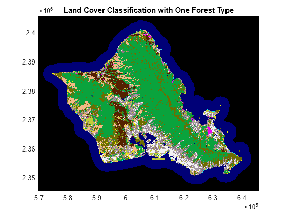 Figure contains an axes object. The axes object with title Land Cover Classification with One Forest Type contains an object of type image.