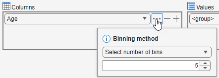 Binning method options for the Age variable. The number of bins is specified as 5.