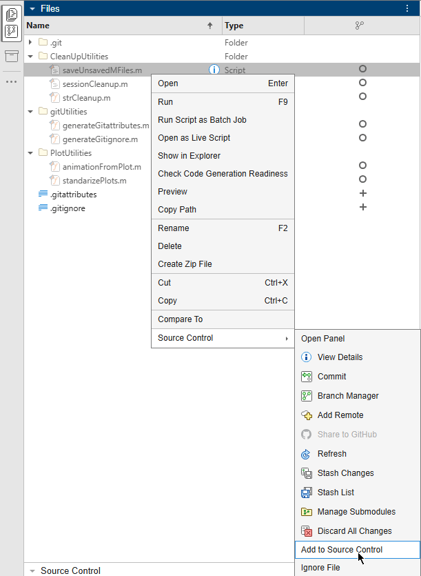 Files panel shows the context menu for the selected files with the pointer on Source Control > Add to Source Control.