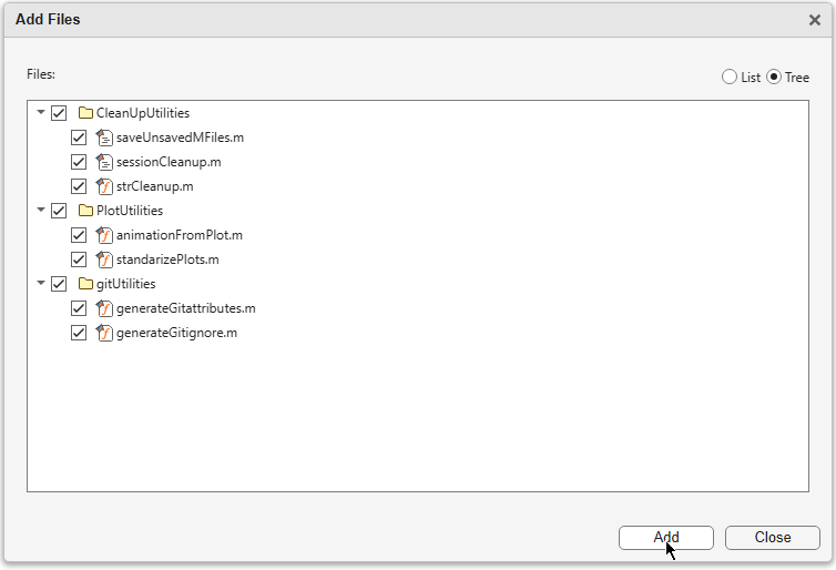 Add Files dialog box shows the list of folder and files to add on the top and the Add and Cancel buttons at the bottom.