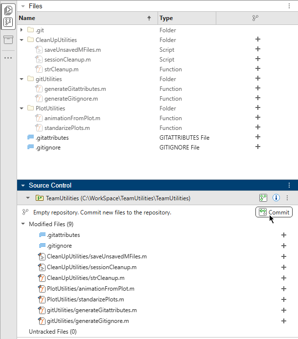 Illustration shows the Files panel on top and Source Control panel below. In the Source Control panel, the path of the repository is on top and the Commit button is below, followed by the list of modified files.