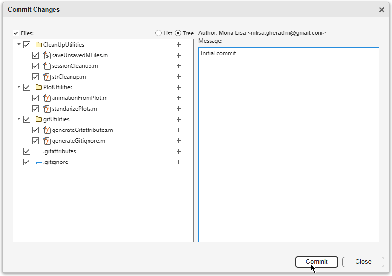 Commit Changes dialog box. The list of files is on the left, the commit message is on the right, and Commit and Close buttons are at the bottom.