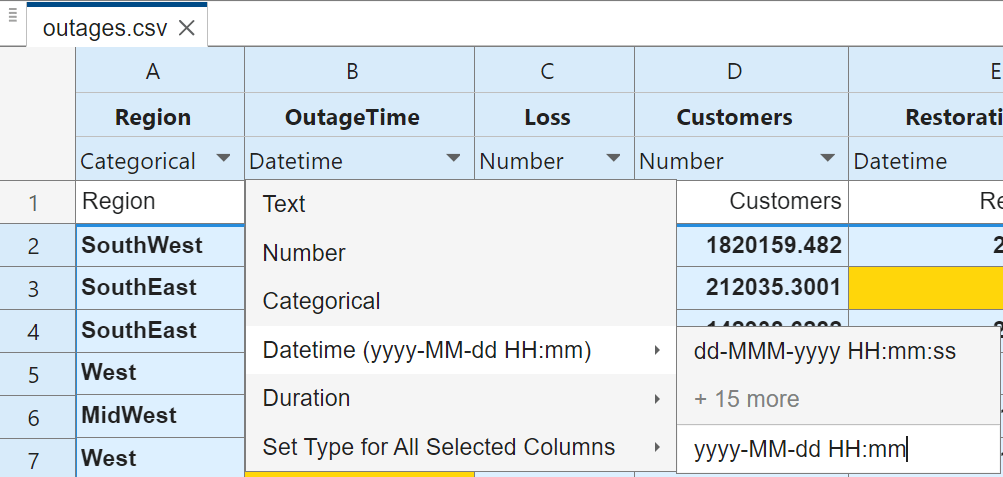 The datetime format for the OutageTime table variable in the file outages.csv is yyyy-MM-dd HH:mm