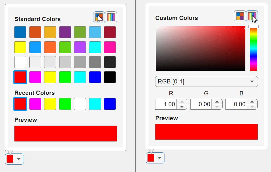 Two views of an expanded color picker component. The Standard Colors view shows predefined common colors, recent colors, and a preview of the selected color. The Custom Colors view shows a color gradient, controls to specify RGB color values, and a preview of the selected color.