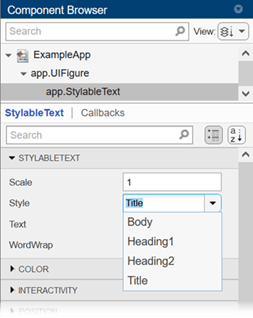 Component Browser with the Style property drop-down list expanded. The values are Body, Heading1, Heading2, and Title.