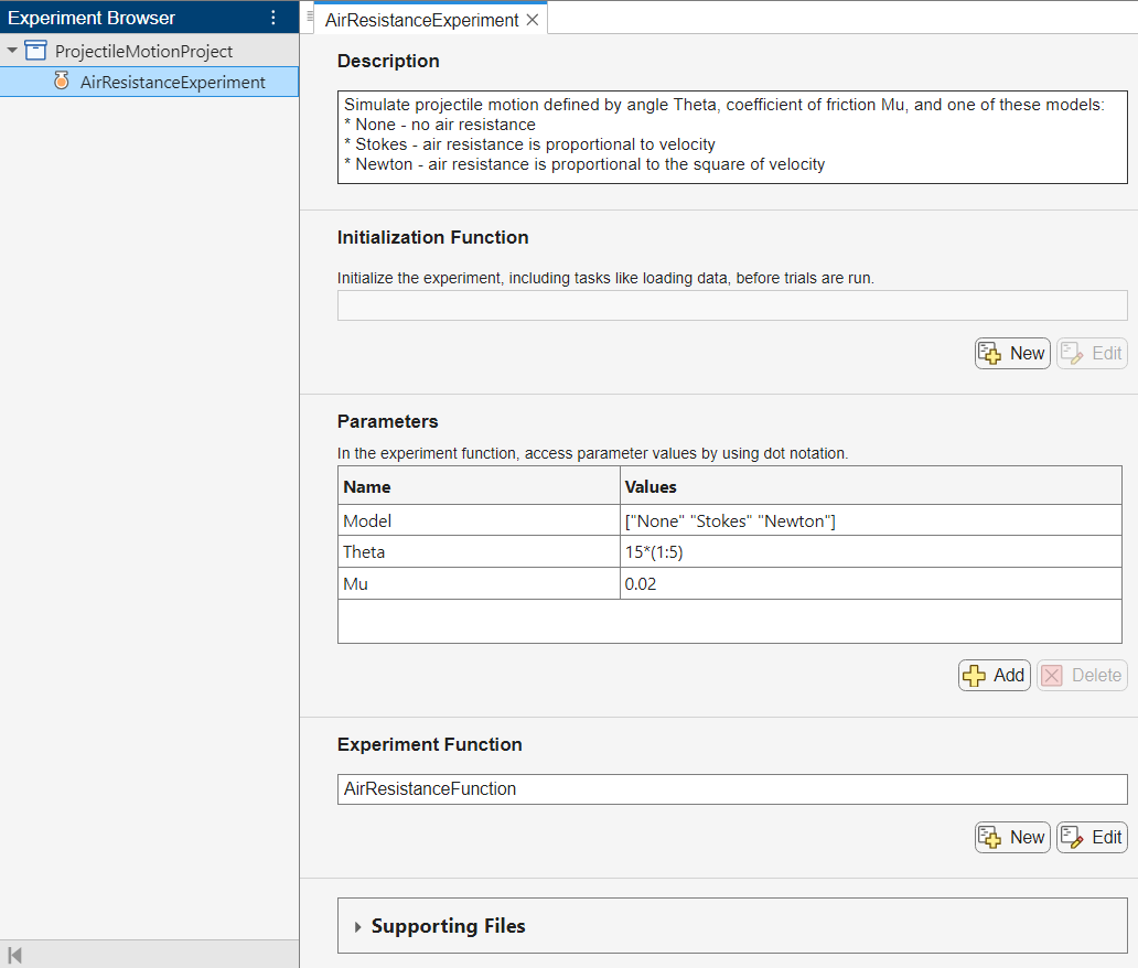 Experiment editor containing the experiment description, parameter names and values, and experiment function name