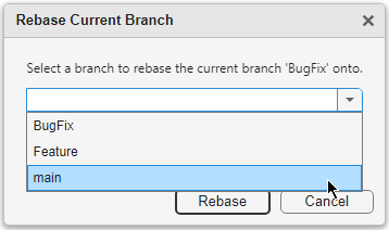 The Rebase Current Branch dialog box shows the list of available branches and the Rebase button.