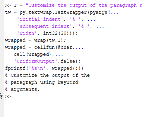 MATLAB에서 Python 함수를 호출하여 단락 텍스트 줄 바꾸기