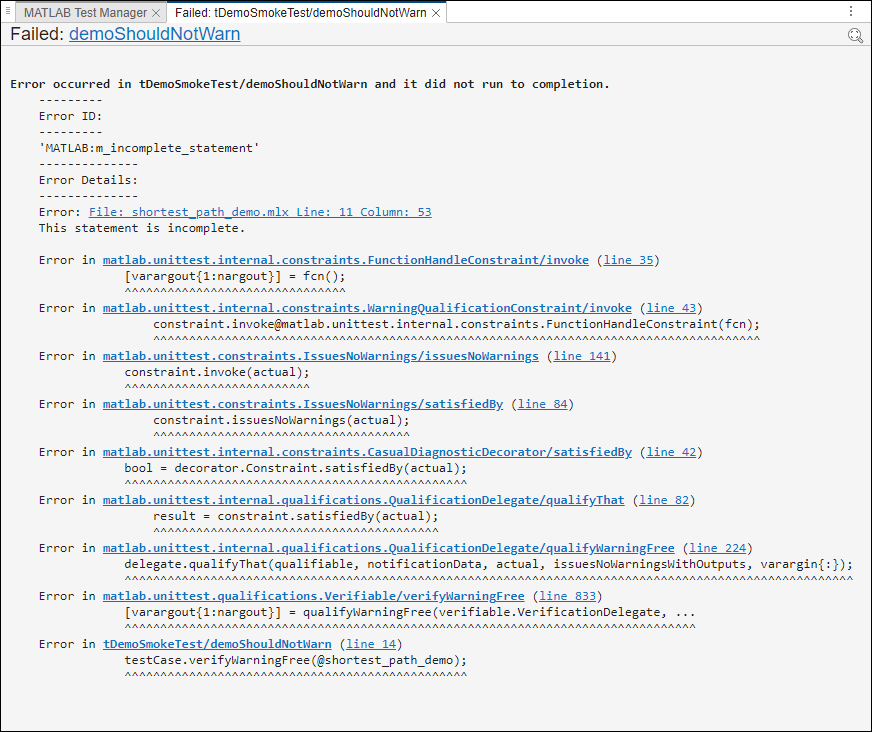 The diagnostics from the test failure in the MATLAB Test Manager. It shows additional information about the cause of the test failure, including links to the sources of the failure and how they propagate.
