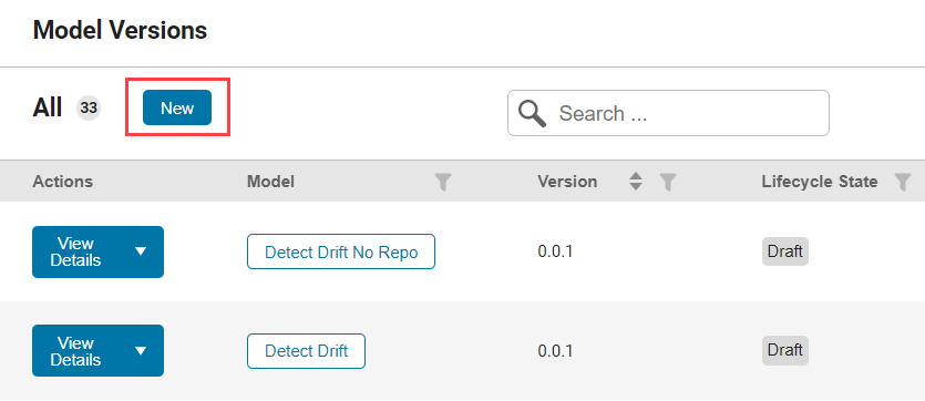 Model Versions page, showing New button highlighted