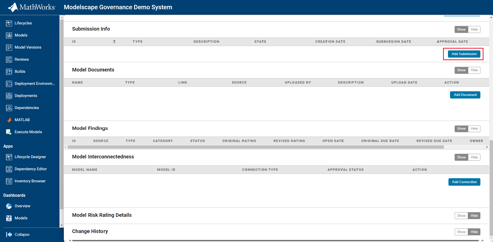 Example screen showing a button for adding a submission
