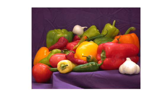 Sample image of colorful bell peppers, chili peppers, and garlic arranged on a purple cloth.