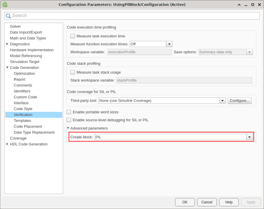 Configuration Parameters dialog showing the Create block parameter