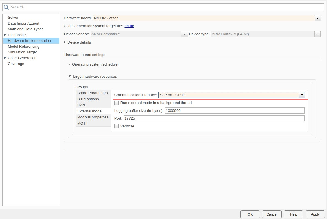 Configuration Parameters dialog box showing the external mode parameters