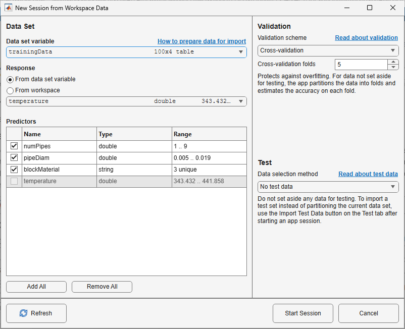 Regression Learner new session using predictors numPipes, pipeDiam, and blockMaterial, with temperature as the response. Cross-validation using 5 folds and 10% data as test data.