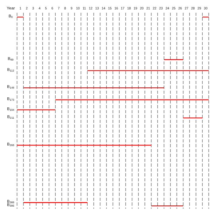 Gantt-style chart showing optimal bond investments over 30 years across multiple bonds, with red bars indicating active investment periods